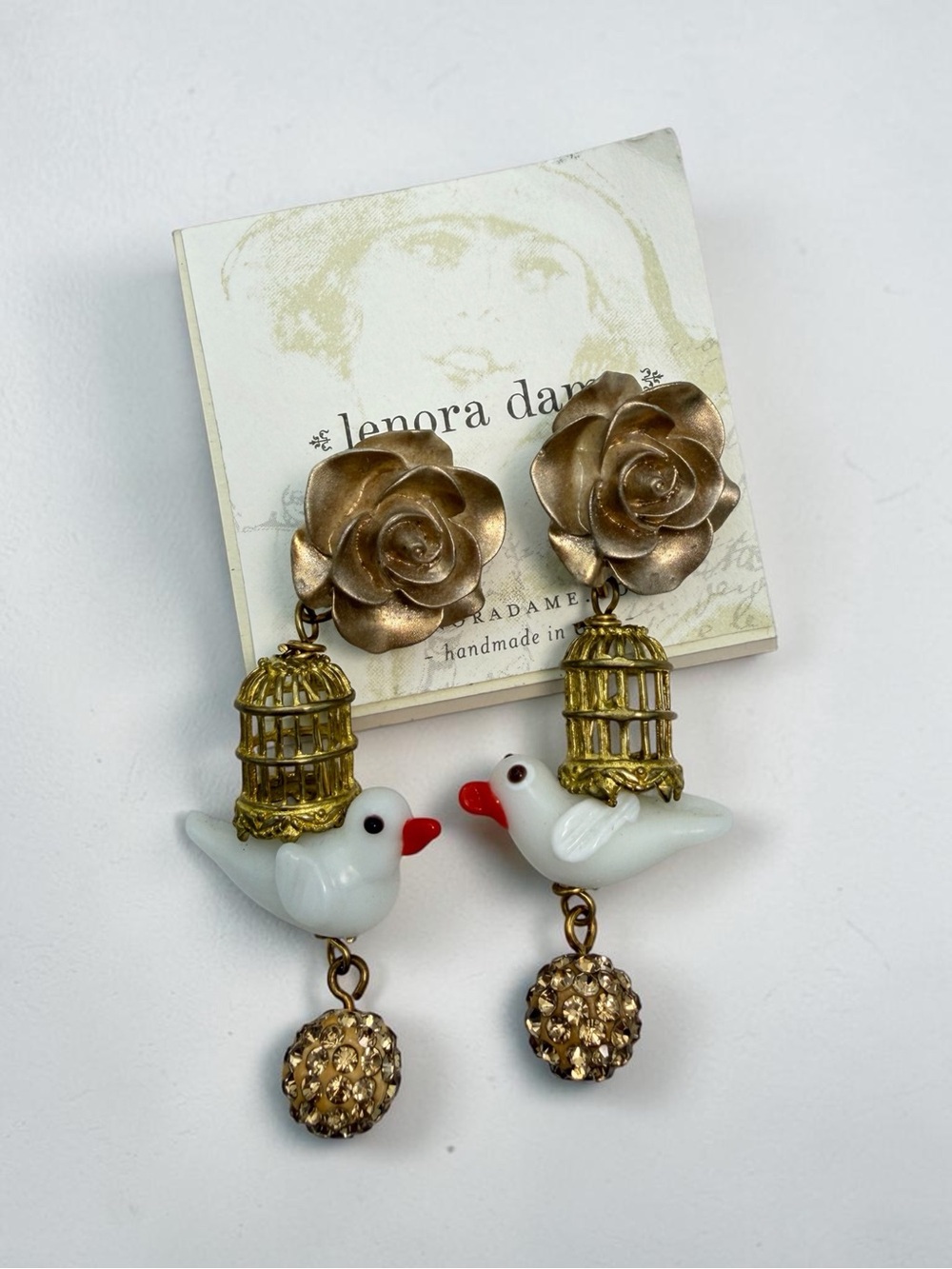Lenora Dame White Birds & Gold Rose Birdcage Drop Earrings Anthropologie